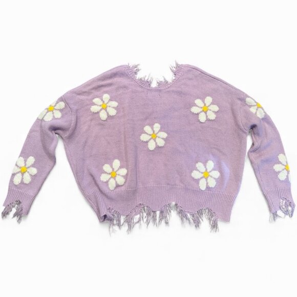 Just Polly New York Distressed Flower Sweater Lavender Size Large L Boho Chic - Picture 3 of 7